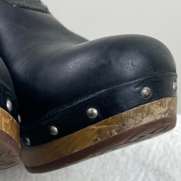 UGG Abbie Sz 9 Wooden Platform Clogs Mules Shoes Black Leather Fur Lined Studded - Picture 10 of 12